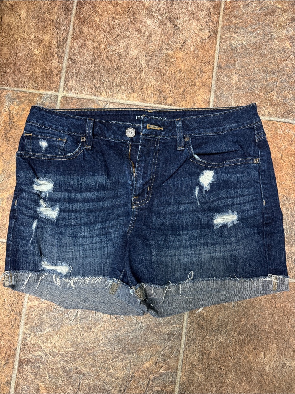 Maurices Dark Blue Distressed Denim Shorts - Women's